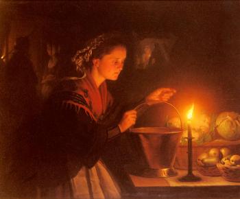 Petrus Van Schendel : A Market Scene By Candlelight